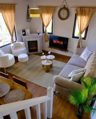 a living room with a couch and a fireplace at Sapanca Balkaya Bungalov in Sapanca
