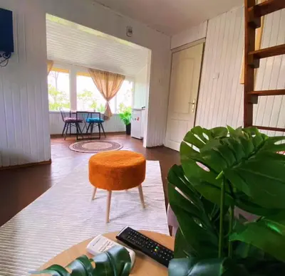 a living room with a chair and a table at Sapanca Balkaya Bungalov Dağ evi in Sapanca