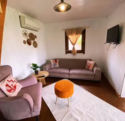 a living room with a couch and a table at Sapanca Balkaya Bungalov Dağ evi in Sapanca