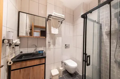 a bathroom with a toilet and a sink and a shower at King Suit Beşiktaş apart in Istanbul