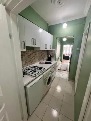 a kitchen with green walls and a stove top oven at Meryy Home in Istanbul