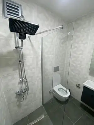 a bathroom with a shower with a toilet and a sink at ŞAH apartmanı in Istanbul