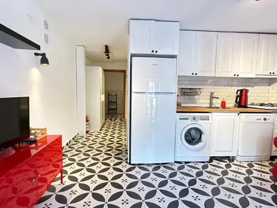a kitchen with a washer and dryer in a room at Nefes Ada Taş Bina - Bahçe Katı in Istanbul