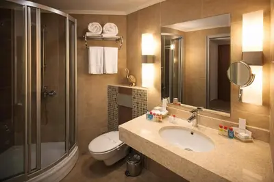 a bathroom with a sink and a shower and a toilet at Akgün Hotel Laleli Istanbul in Istanbul
