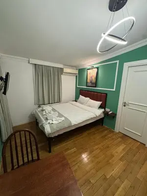 a bedroom with a bed with a green wall at Veva flats hotel in Istanbul