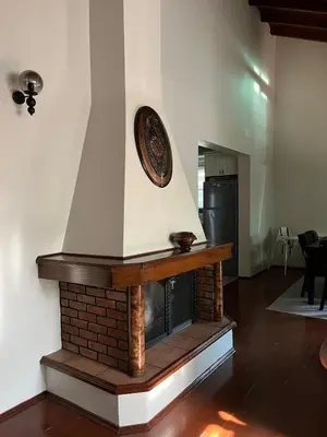 a brick fireplace with a plate on a wall at Selbeshome in Sapanca