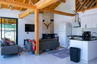 a kitchen and living room with a kitchen and a living room at Villa Wonka Sapanca Sıcak Havuz in Sapanca