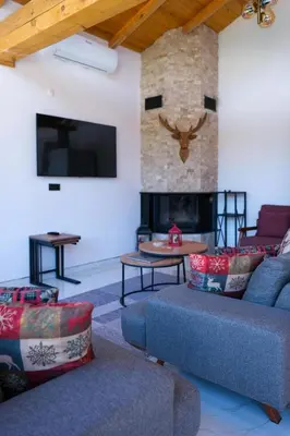 a living room with a couch and a fireplace at Villa Wonka Sapanca Sıcak Havuz in Sapanca