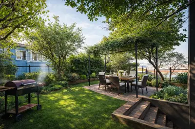 a patio with a table and chairs in a yard at Renovated Flat near Tram All Rooms AC in Istanbul