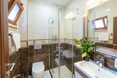 a bathroom with a shower and a toilet and a sink at Boutique Sultan Hotel & Restauran in Istanbul