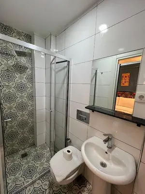 a white bathroom with a sink and a shower at taksimrosboutique in Istanbul