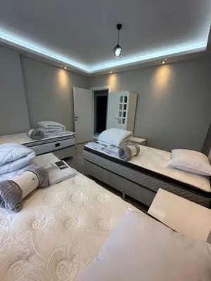 a bedroom with two beds and a mirror at Villa life in Gümüşyaka