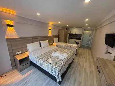 a bedroom with two beds and a television in it at Fly Apartment Hotel in Istanbul