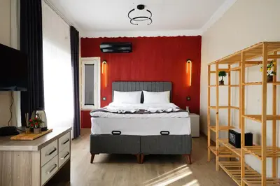 a bedroom with a bed and a red wall at the apart galata in Istanbul