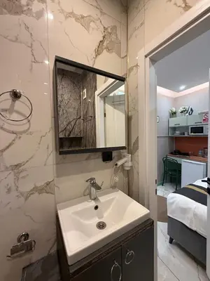 a bathroom with a sink and a mirror at cozy studio apt near to taksim square in Istanbul