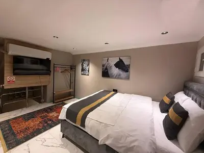 a bedroom with a large bed and a flat screen tv at Cozy duplex with a private terrace near the metro in Istanbul