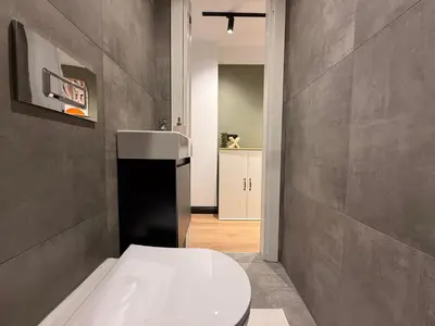 a bathroom with a white toilet in a room at Stunning Combo Flat in Nisantasi in Istanbul