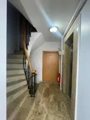 a hallway with stairs and a wooden door at Taxim Filia Apart in Istanbul