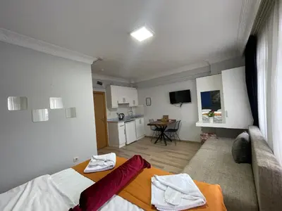 a living room with a bed and a kitchen at Taxim Filia Apart in Istanbul