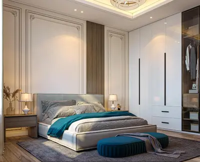 a bedroom with a bed and a blue ottoman at Vox Matara Elite House in Istanbul