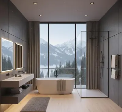 a bathroom with a tub and a large window at GLD Home in Sapanca