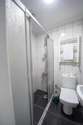 a bathroom with a shower and a toilet and a sink at Old City Viva Hotel in Istanbul