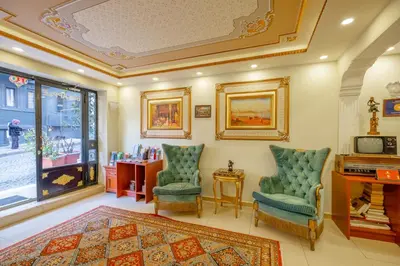 a living room with two chairs and a television at Big Apple hotel istanbul in Istanbul