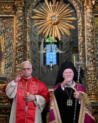 two priests standing next to each other in a church at Newly-renovated apartment 2 in Istanbul