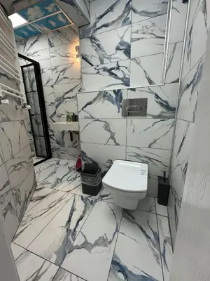 a bathroom with a white toilet and marble walls at WhiteBird Apartments in Istanbul