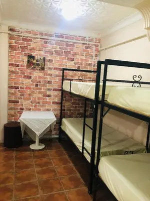 a room with two bunk beds and a brick wall at Theodora Hostel in Istanbul