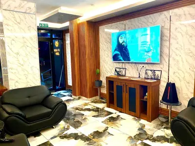 a living room with two chairs and a flat screen tv at Nera Otel in Istanbul