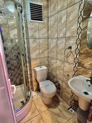 a bathroom with a toilet and a shower and a sink at Liman Hotel in Istanbul
