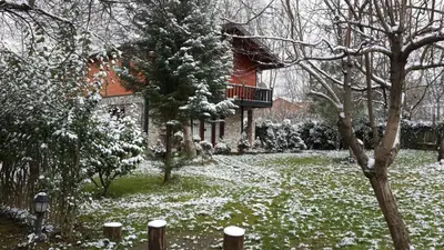 a house with snow on the ground in front of it at Sapanca Vi̇lla Bahce Şükriye Küçükal in Sapanca