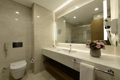 a bathroom with a sink and a toilet and a mirror at Holiday Inn Bursa - City Centre by IHG in Bursa