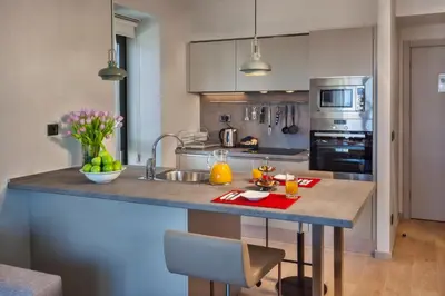 a kitchen with a island with a sink and a counter top at Fraser Place Antasya Istanbul in Istanbul