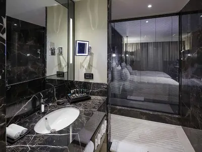 a bathroom with a sink and a shower at Pullman Istanbul Hotel & Convention Center in Istanbul