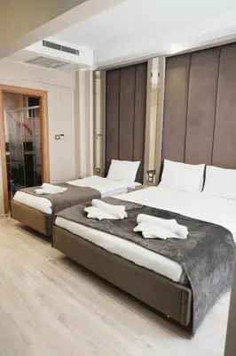 two beds in a hotel room with white towels on them at Reyyan Hotel in Istanbul
