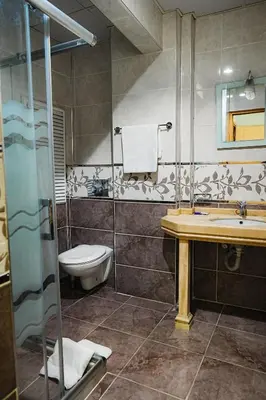 a bathroom with a toilet and a sink and a shower at Reyyan Hotel in Istanbul