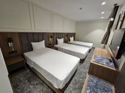 a hotel room with two beds and a television at Pasa Hotel Gemlik in Gemlik