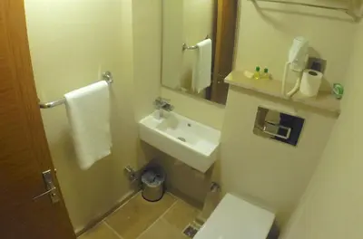 a bathroom with a sink and a toilet and a mirror at Okur Otel in Istanbul