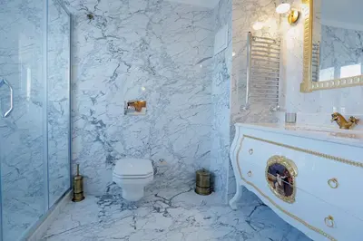a blue bathroom with a toilet and a shower at Art Nouveau Pera in Istanbul