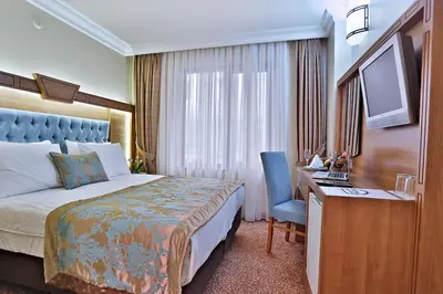 a hotel room with a bed and a desk and a television at Budo Hotel in Istanbul