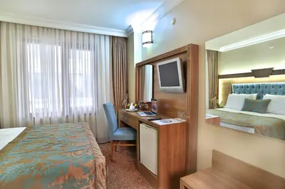 a hotel room with a bed and a desk with a television at Budo Hotel in Istanbul