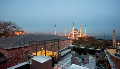a view of the mosque from the roof of a building at Hotel Ibrahim Pasha in Istanbul