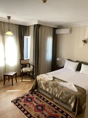 a bedroom with a large bed with a rug at Villa Sofia in Istanbul