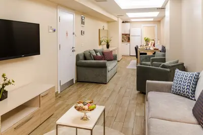 a living room with couches and a flat screen tv at Cheya Sisli BNB Medical & Business City Center Tesvikiye Suites and Apartments in Istanbul