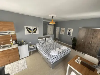 a living room with a bed and a kitchen at Flats Company - Karakoy Apartment in Istanbul