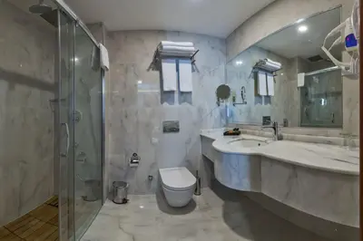 a bathroom with a shower and a toilet and a sink at Glorious Hotel in Istanbul
