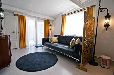 a living room with a black couch and a blue rug at Blue Mosque Suites-Old City Sultanahmet in Istanbul