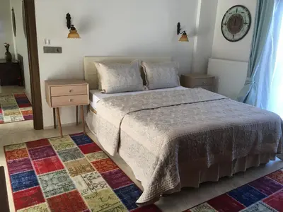 a bedroom with a large bed and a rug at Villa Onuk in Sapanca